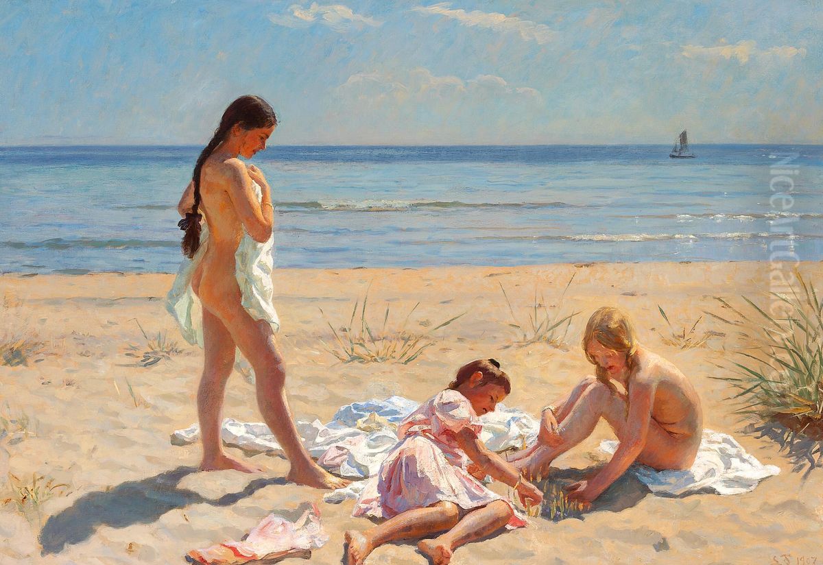 Sommerdag pa Skagen Strand med Figurer. Oil Painting by Laurits Tuxen