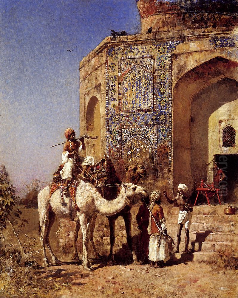 Old Blue Tiled Mosque Outside Of Delhi India. Oil Painting by Edwin Lord Weeks