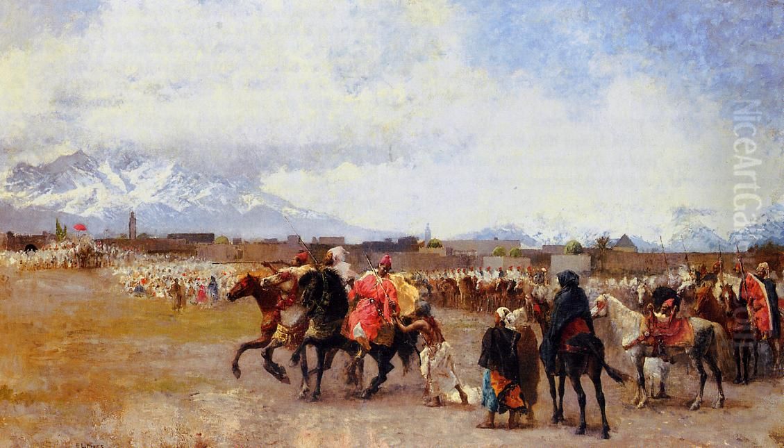 Powder Play City of Morocco outside the Walls. Oil Painting by Edwin Lord Weeks