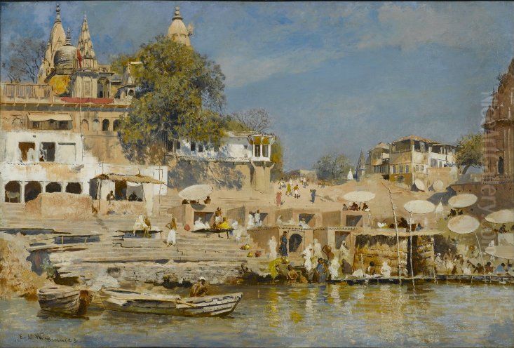 Temples and Bathing Ghat at Benares Oil Painting by Edwin Lord Weeks