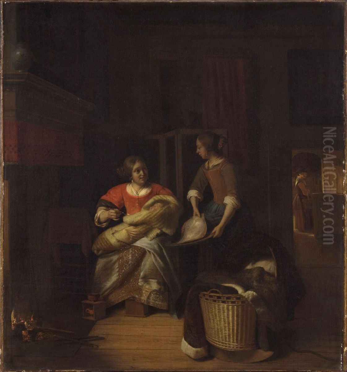Maid showing a plaice to a woman with a baby Oil Painting by Pieter De Hooch