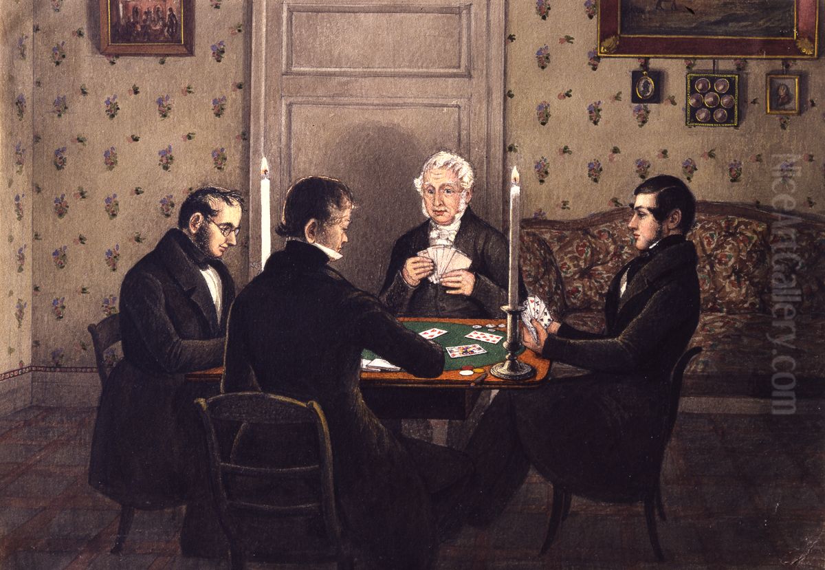 Johann Anton Sarg and three friends playing whist by candlelight. Oil Painting by Mary Ellen Best