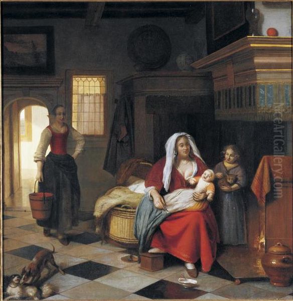 Huiselijke scene met een vrouw met kinderen bij de haard Oil Painting by Pieter De Hooch
