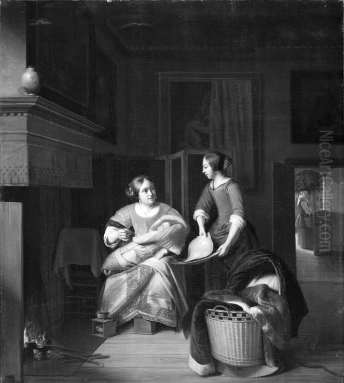 Husmoderen giver pigen besked Oil Painting by Pieter De Hooch