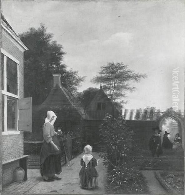 A woman with a glass of wine and a child in a garden Oil Painting by Pieter De Hooch