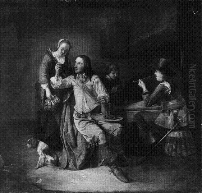 Two soldiers with a maid and a boy in an inn Oil Painting by Pieter De Hooch