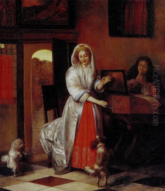 Young couple playing music in an interior with two dancing dogs Oil Painting by Pieter De Hooch