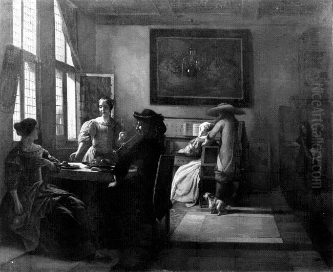 Elegant company with a woman at a virginal in a distinguished interior Oil Painting by Pieter De Hooch