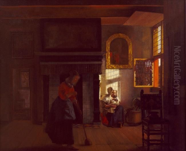Woman and child by a window, with a maid sweeping Oil Painting by Pieter De Hooch