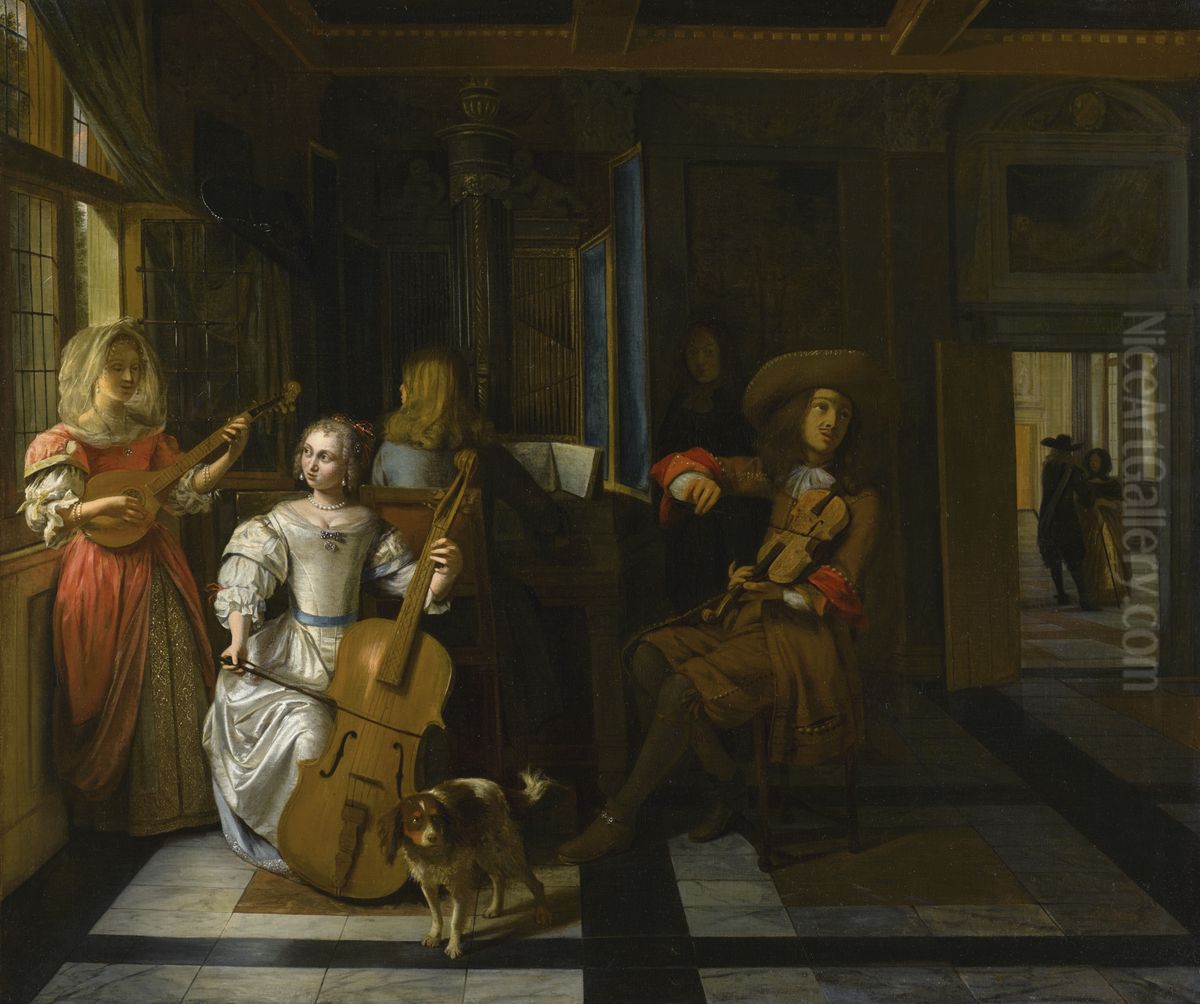 Musical company in an interior Oil Painting by Pieter De Hooch