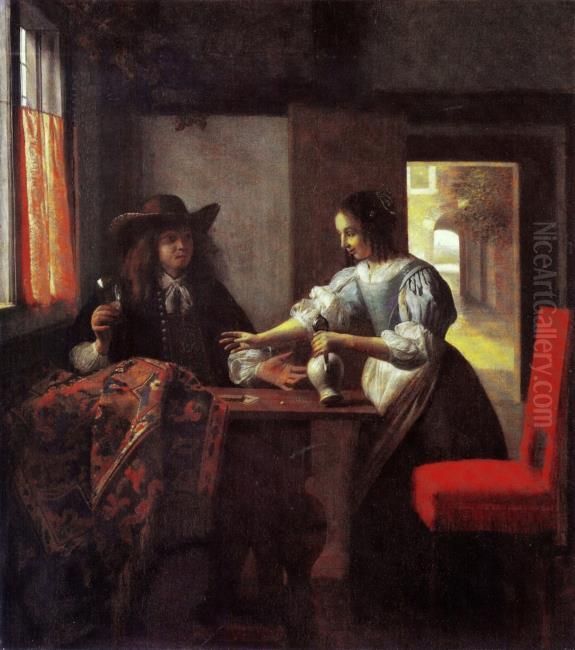 Der Weintrinker und die Dienstmagd Oil Painting by Pieter De Hooch