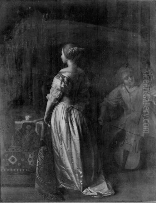 Standing woman with a woman playing the cello (fragment) Oil Painting by Pieter De Hooch