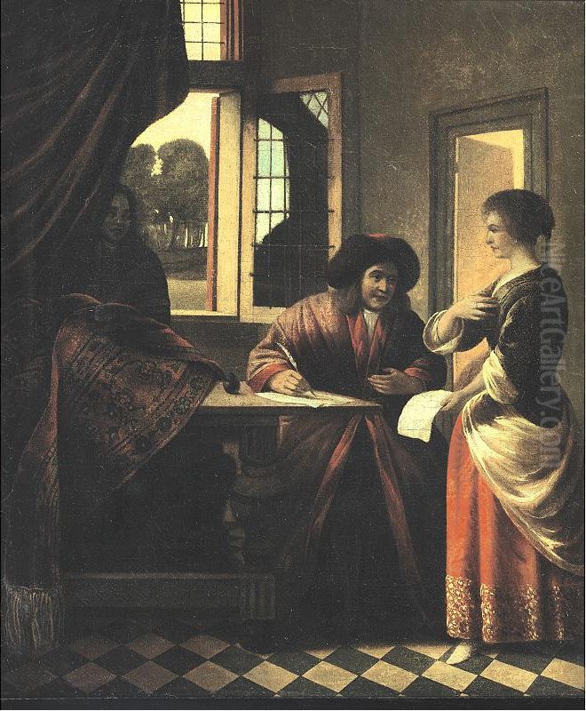 A Woman Standing before a Man Seated at a Table Oil Painting by Pieter De Hooch