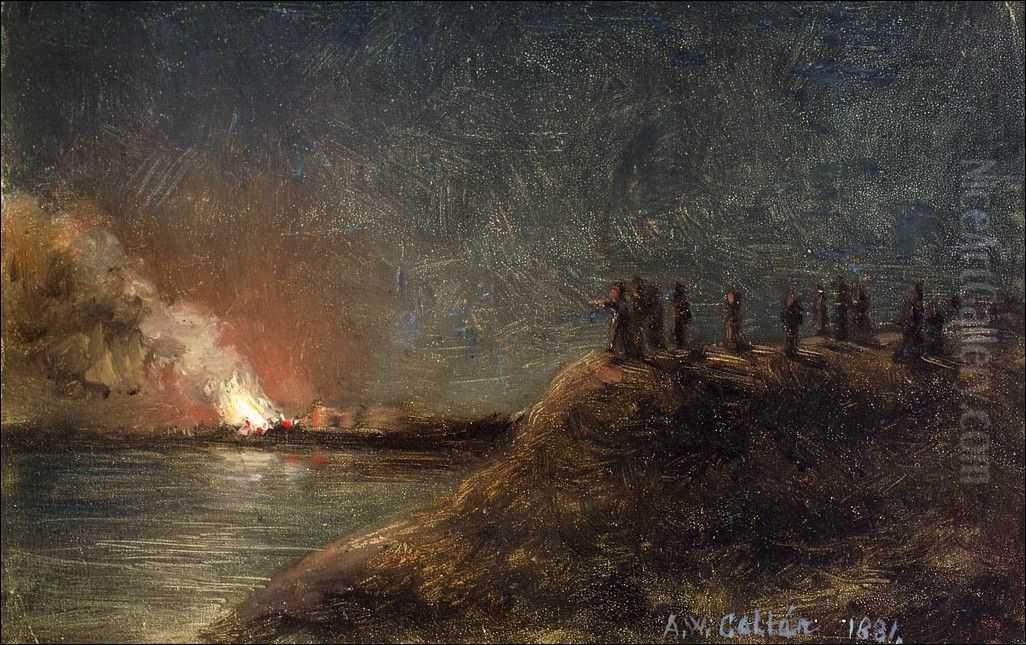 Fire watchers on the shore. Oil Painting by unknown