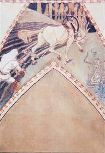 Study for the frescoIlmarinen ploughing the Viper-field Oil Painting by Akseli Valdemar Gallen-Kallela