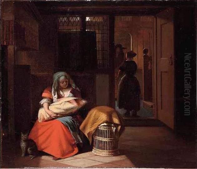 Interieur van een voorhuis met een jonge vrouw met een baby Oil Painting by Pieter De Hooch