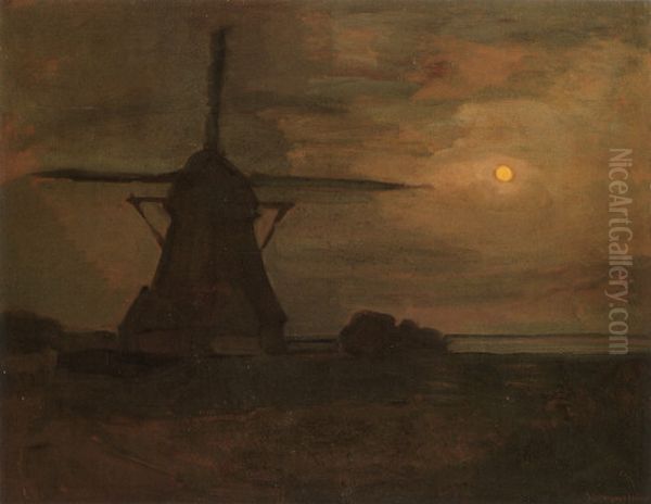 Windmill by Moonlight Oil Painting by Piet Mondrian