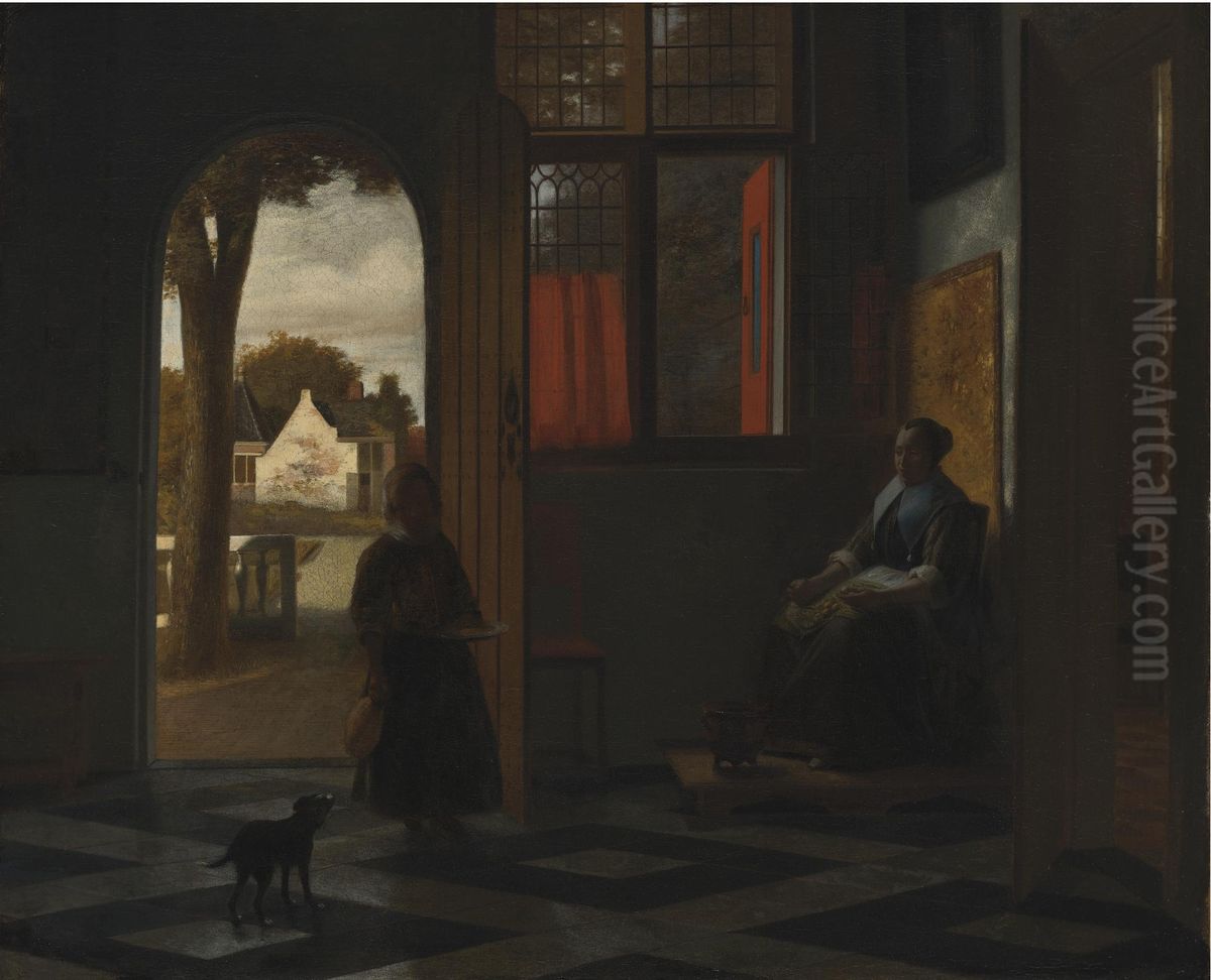 A Woman Seated at a Window and a Child in a Doorway Oil Painting by Pieter De Hooch