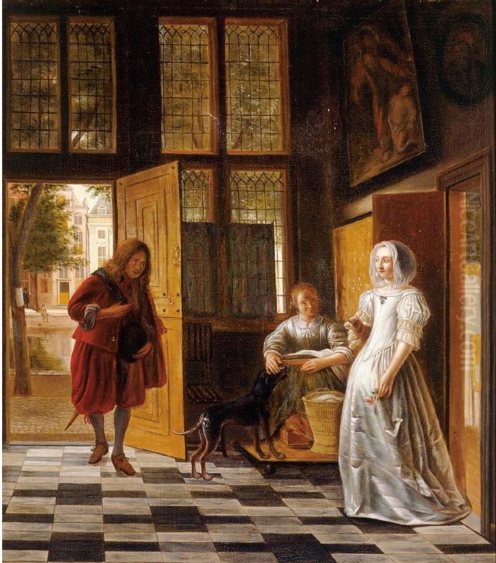 Woman receiving a man at the door, a view of the Vincentiushuis beyond (Kloveniersburgwal 95, Amsterdam) Oil Painting by Pieter De Hooch