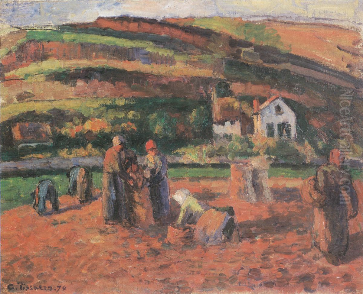 Harvestring Potatoes, Pontoise Oil Painting by Camille Pissarro
