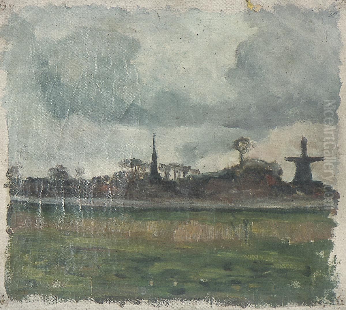 Landschap met molen en kerk Oil Painting by Theo van Doesburg