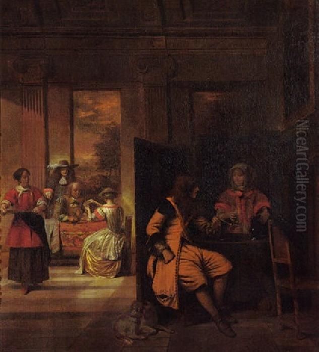 A man and a serving woman behind a screen, with card players beyond in a neoclassical interior Oil Painting by Pieter De Hooch