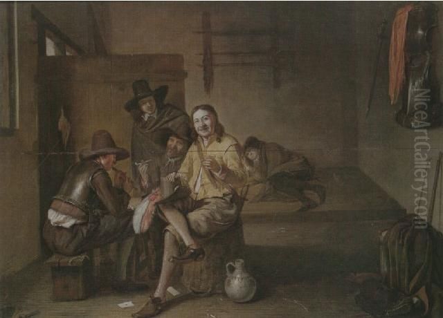 Interior with 5 soldiers and armor on the wall Oil Painting by Pieter De Hooch