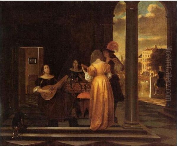 Musicerend gezelschap op een veranda Oil Painting by Pieter De Hooch