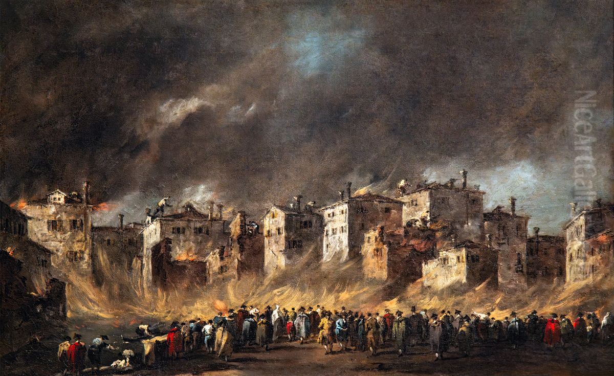 Fire in the oil warehouses atSan Marcuola Oil Painting by Francesco Guardi