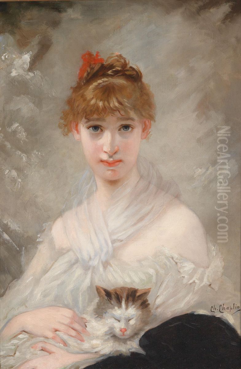 Madchen mit weissem Tuch und Katze im Arm Oil Painting by Charles Joshua Chaplin