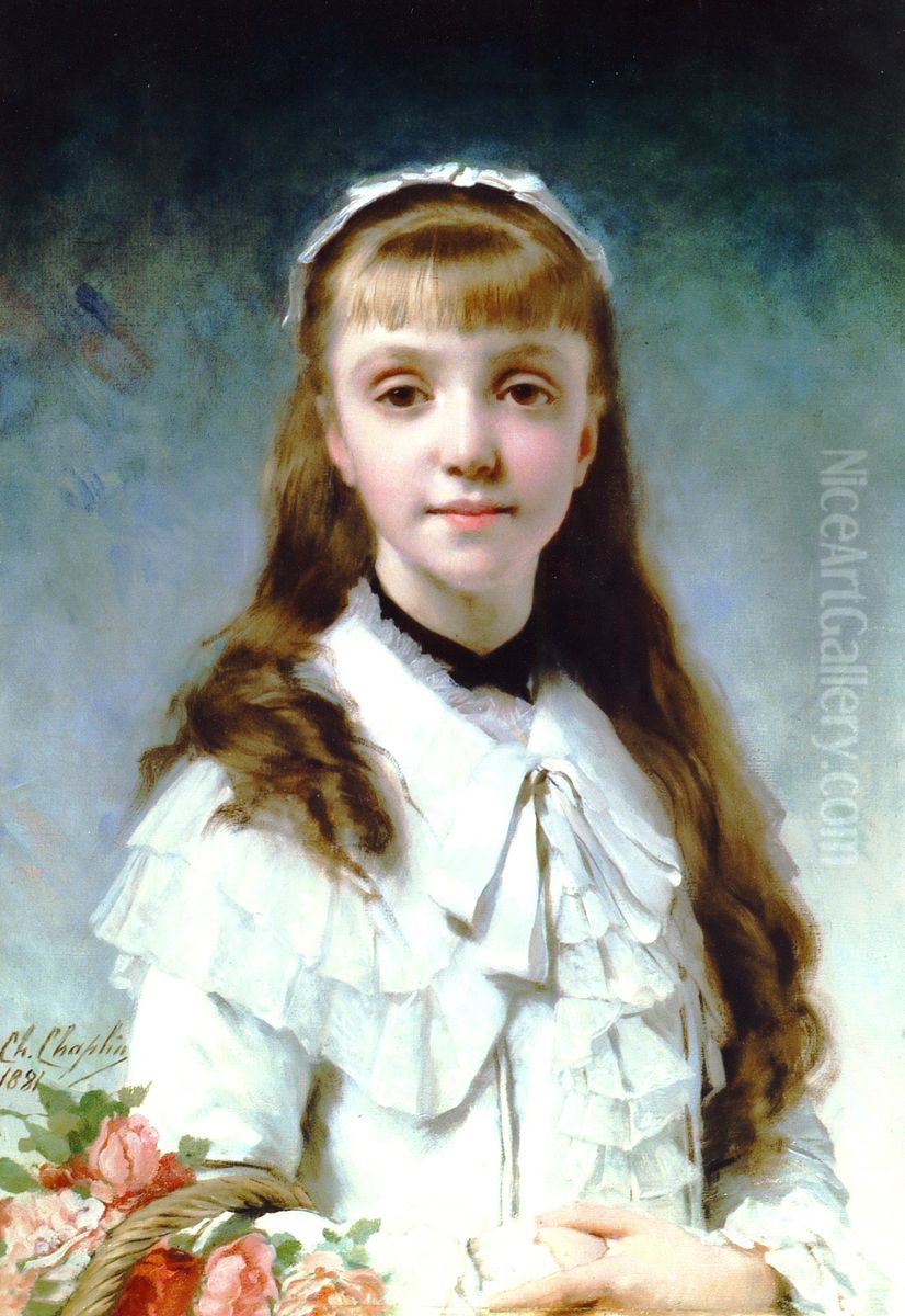 Portrait de jeune fille au panier de fleurs Oil Painting by Charles Joshua Chaplin