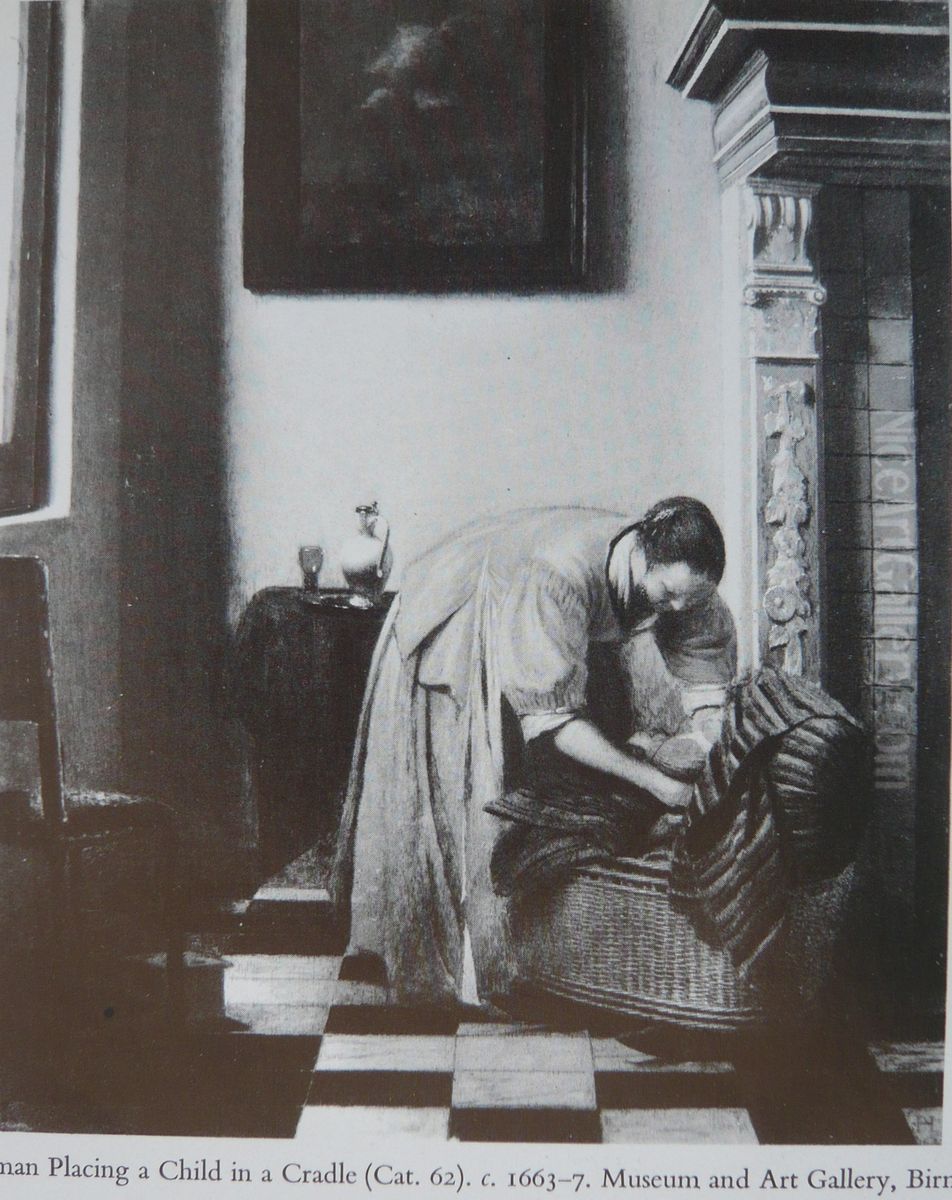 A Woman Placing a Child in a Cradle Oil Painting by Pieter De Hooch