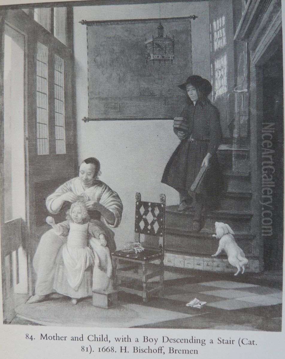 A mother and her child and a boy descending a stair Oil Painting by Pieter De Hooch