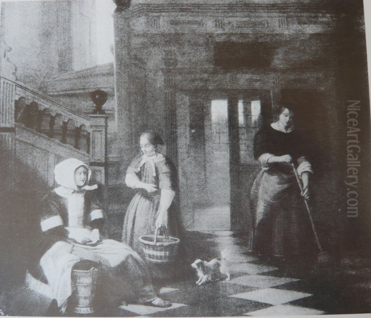 A Woman Paying a Girl and a Woman Sweeping Oil Painting by Pieter De Hooch