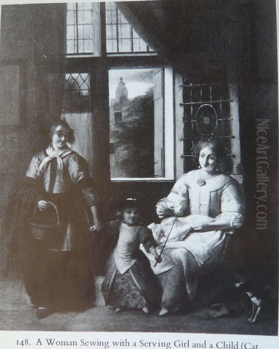 A Woman Sewing with a Serving Girl and a Child Oil Painting by Pieter De Hooch