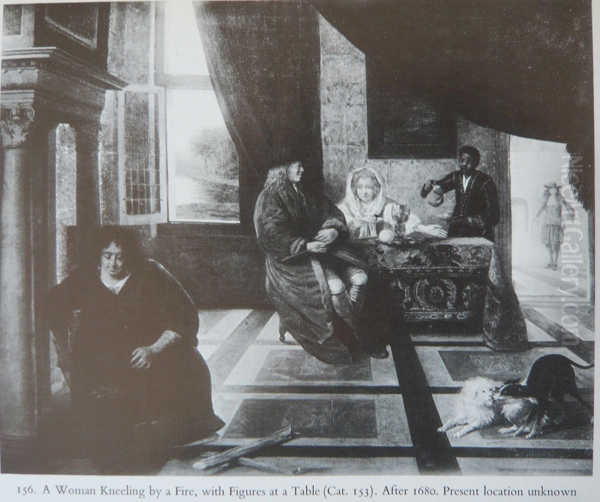 A Woman kneeling by a Fire with Figures at a Table Oil Painting by Pieter De Hooch