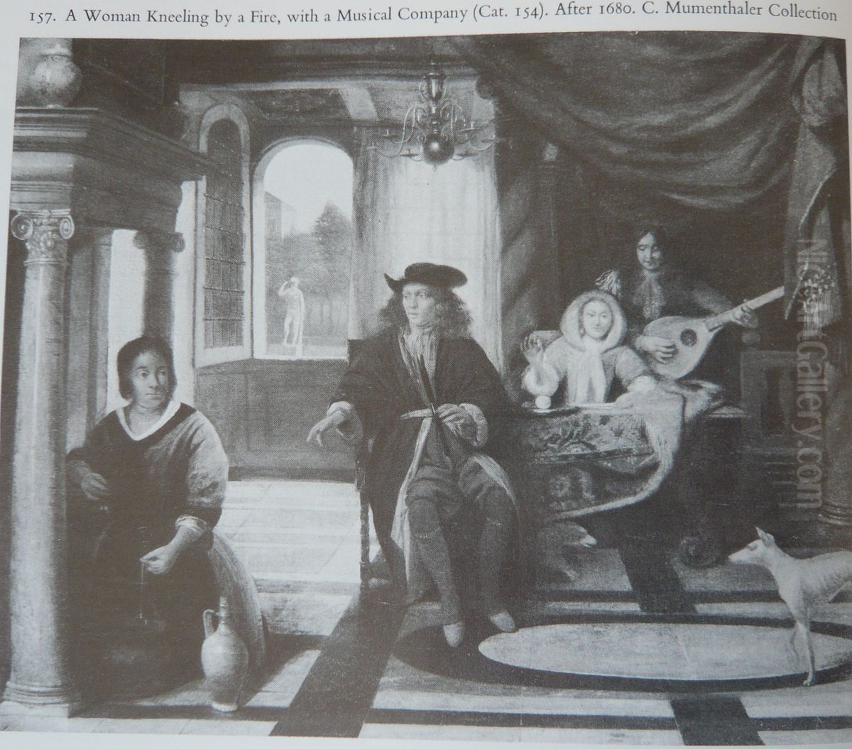 A Woman kneeling by a Fire with a Musical Company Oil Painting by Pieter De Hooch