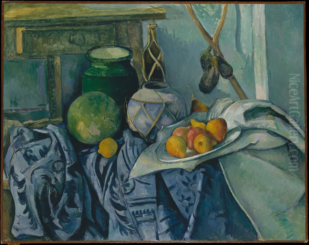 Nature morte avec un pot de gingembre et des aubergines Oil Painting by Paul Cezanne