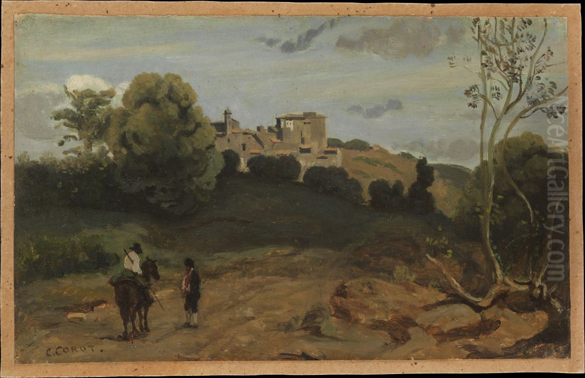 View of Genzano with a Rider and Peasant Oil Painting by Jean-Baptiste Camille Corot