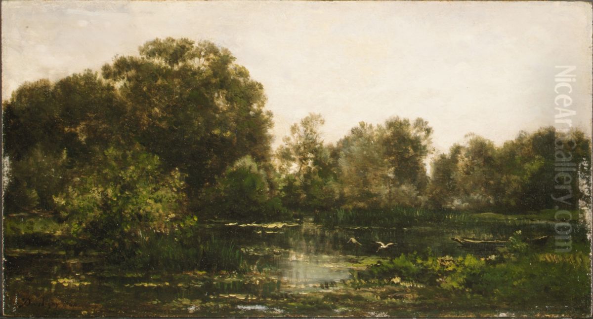 A River Landscape with Storks Oil Painting by Charles-Francois Daubigny