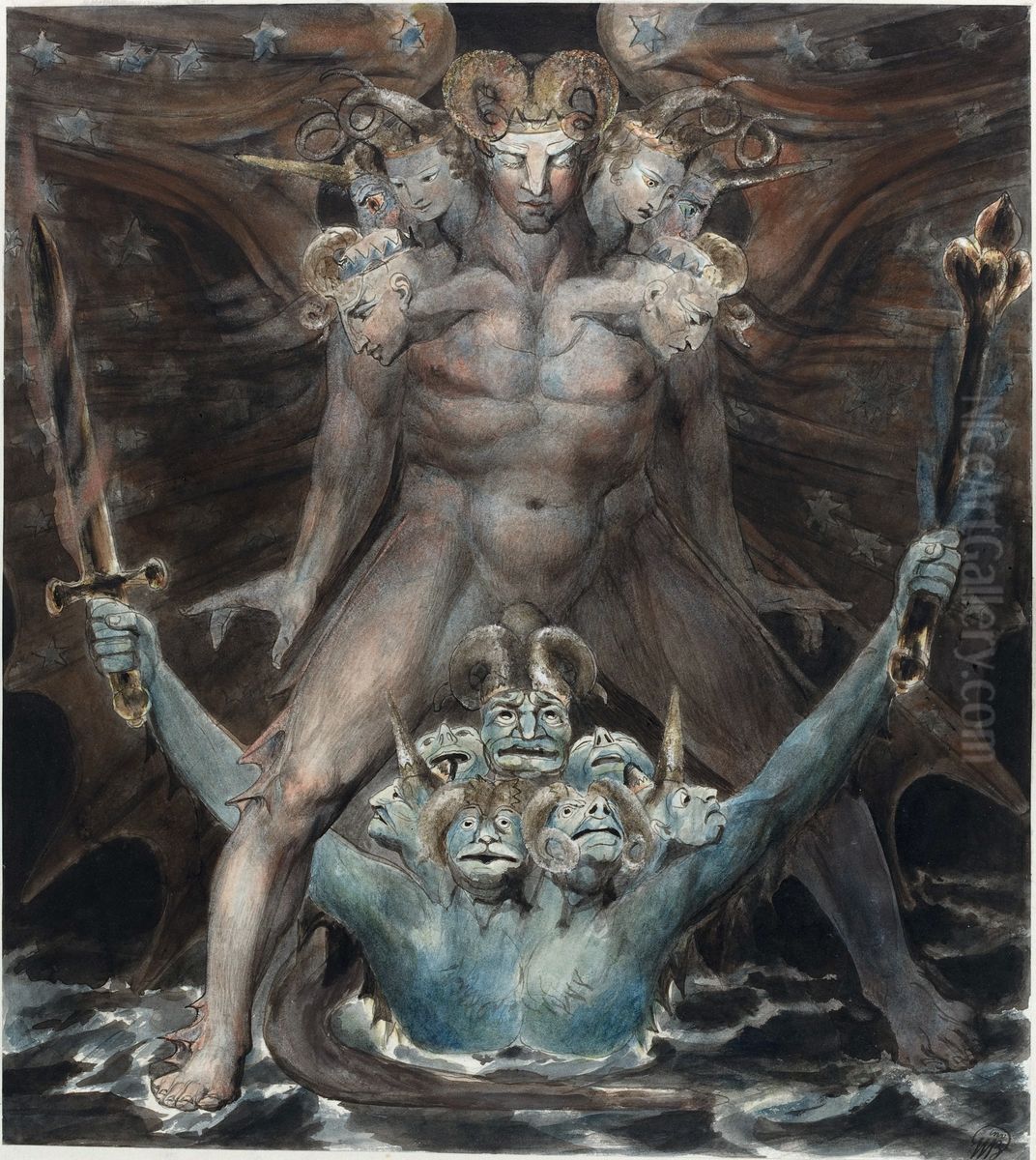The Great Red Dragon and the Beast from the Sea Oil Painting by William Blake