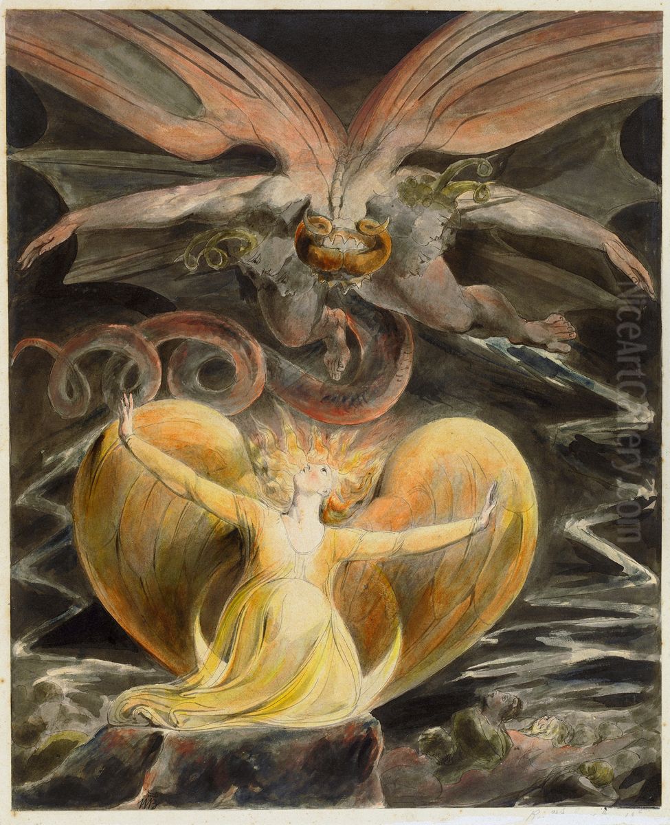Le grand Dragon Rouge et la Femme vetue de soleil Oil Painting by William Blake