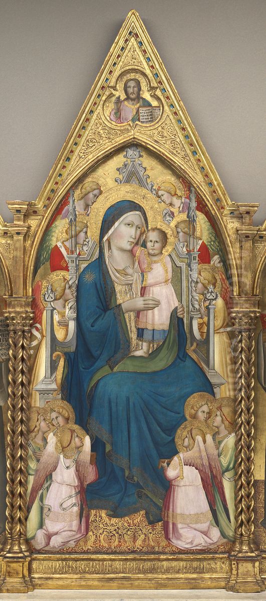 Madonna and Child Enthroned with Twelve Angels, and with the Blessing Christ [middle panel] Oil Painting by Agnolo Gaddi