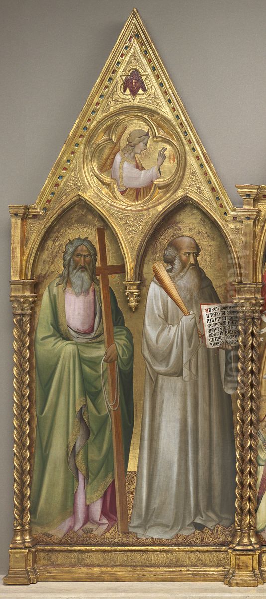 Saint Andrew and Saint Benedict with the Archangel Gabriel [left panel] Oil Painting by Agnolo Gaddi