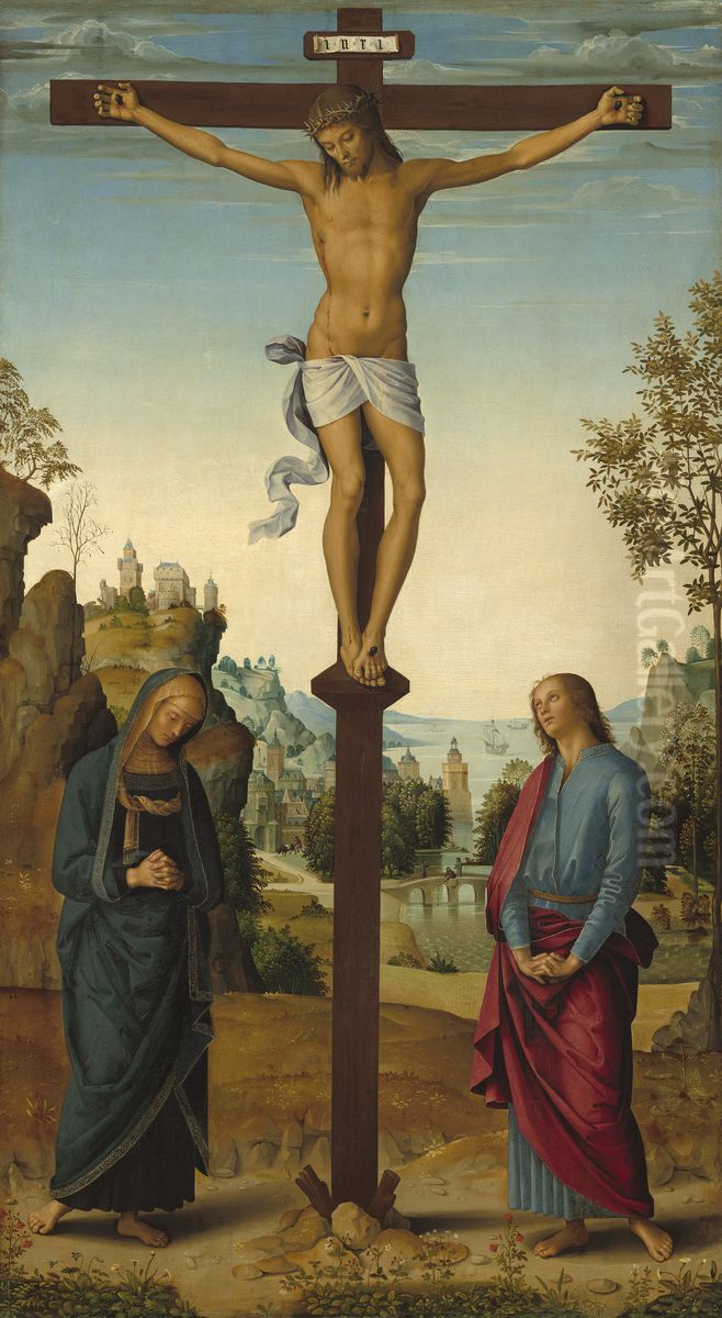 The Crucifixion with the Virgin, Saint John, Saint Jerome, and Saint Mary Magdalene [middle panel] Oil Painting by Pietro Vannucci Perugino