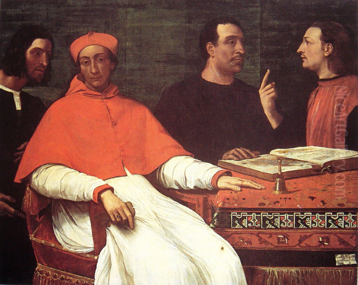 Cardinal Bandinello Sauli, His Secretary, and Two Geographers Oil Painting by Sebastiano Del Piombo