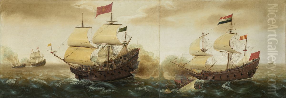 A Naval Encounter between Dutch and Spanish Warships Oil Painting by Cornelis Verbeeck