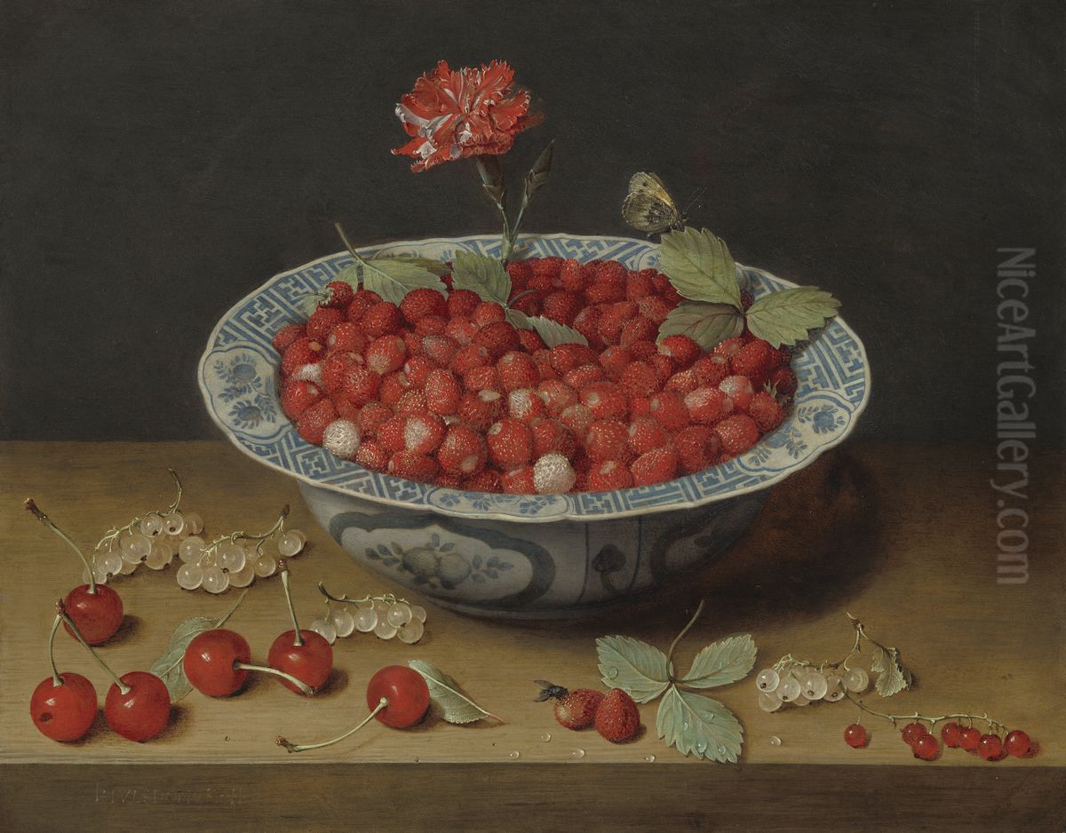 Wild Strawberries and a Carnation in a Wan-Li Bowl Oil Painting by Jacob van Hulsdonck
