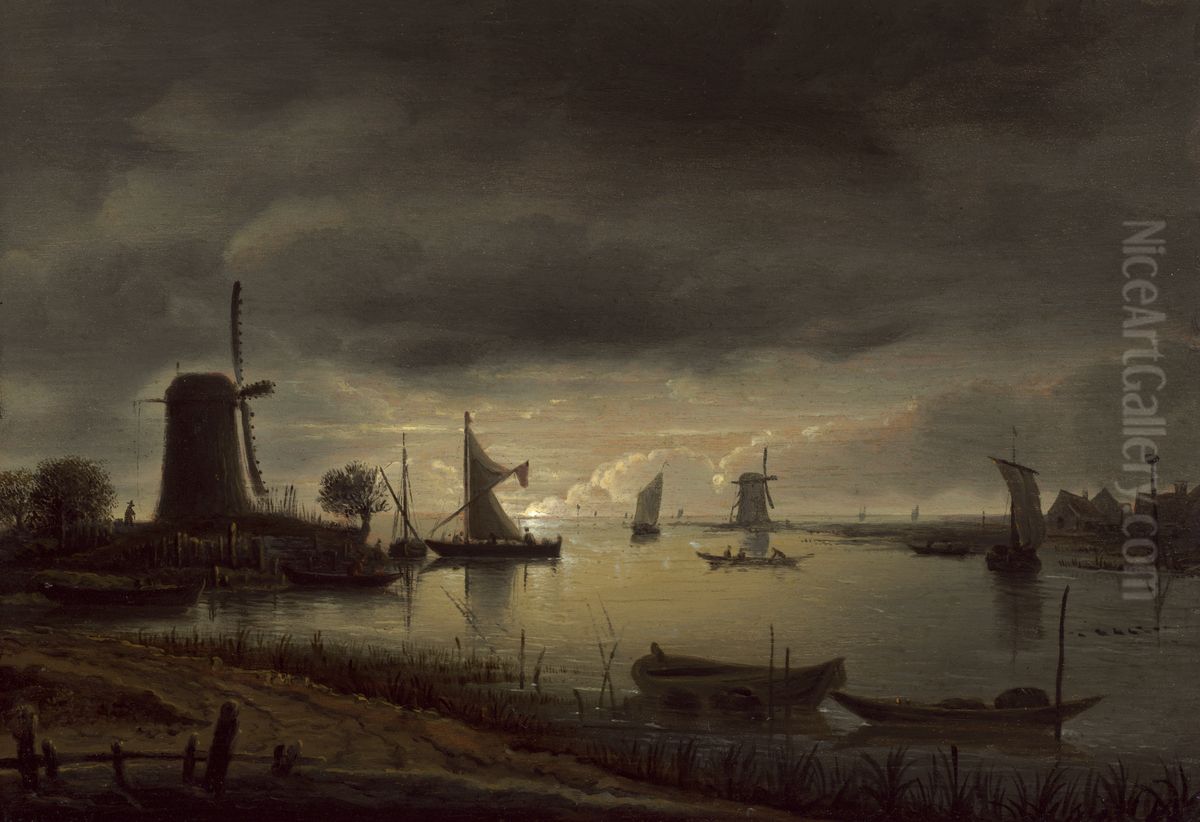 River Scene with Windmill and Boats, Evening Oil Painting by Anthonie Van Borssom