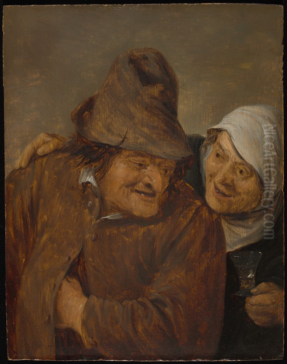 Two Peasants with a Glass of Wine Oil Painting by David Teniers the Younger